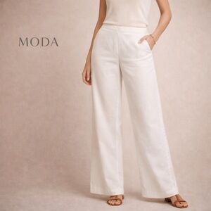 Moda International White Wide Leg Cotton Pants Elastic Waist Size 10